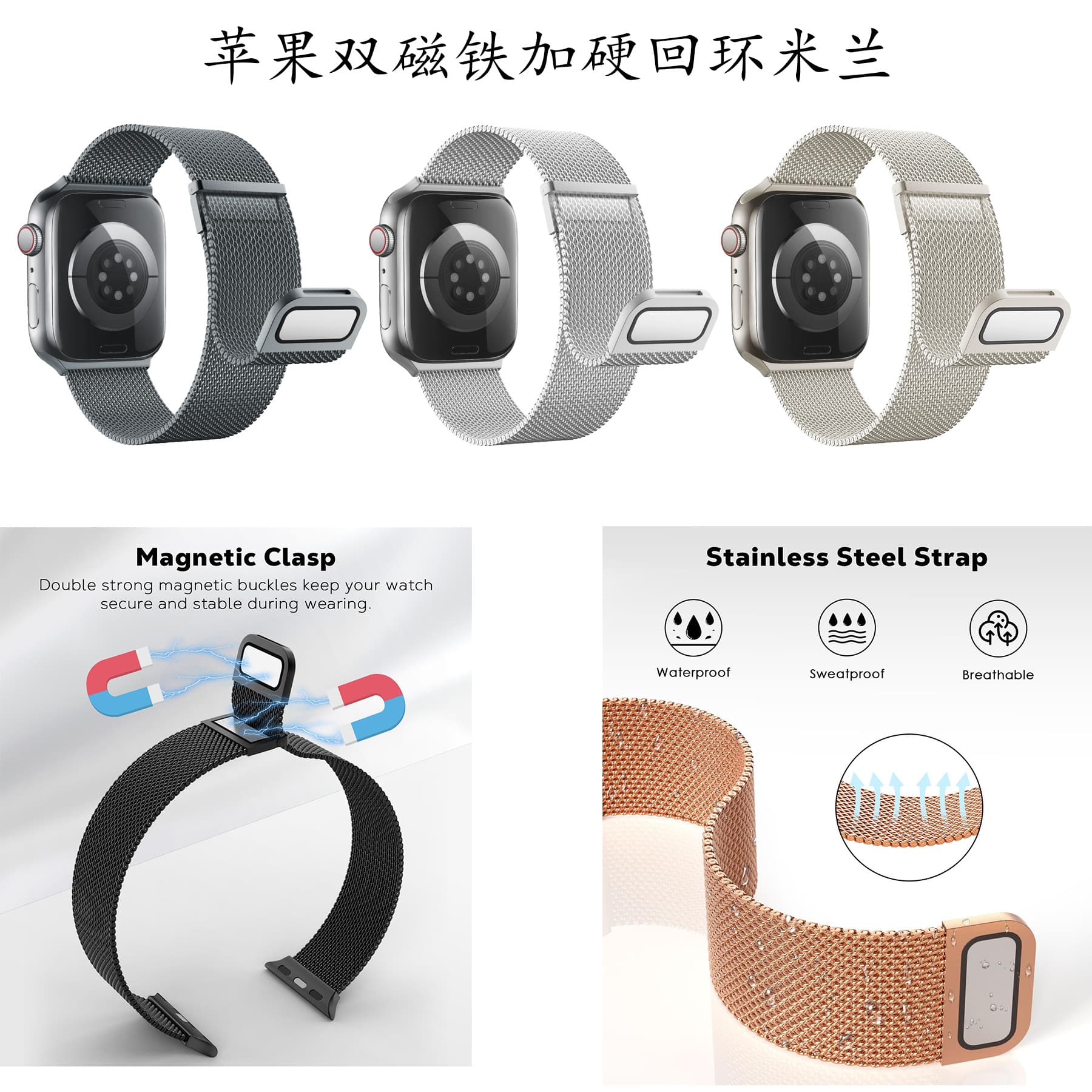 Compatible with Apple Watch Series 1-10 and Apple Ultra, Dual Magnet Hardened Loop Milanese Band