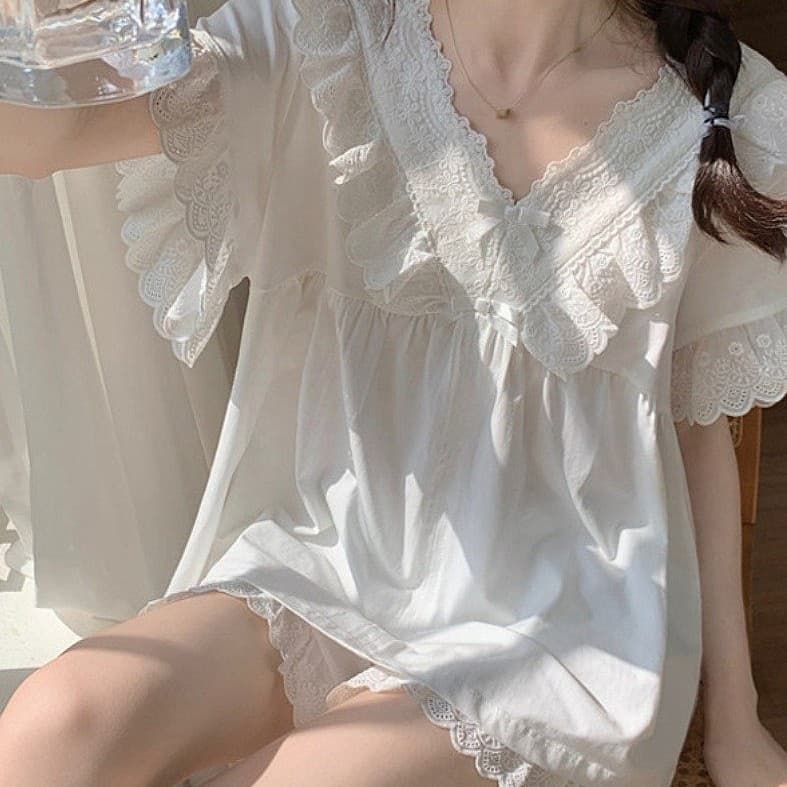 Short Sleeve Pajama Set for Women Summer Thin Cotton 2026 New Style High-End Princess Lace Trim