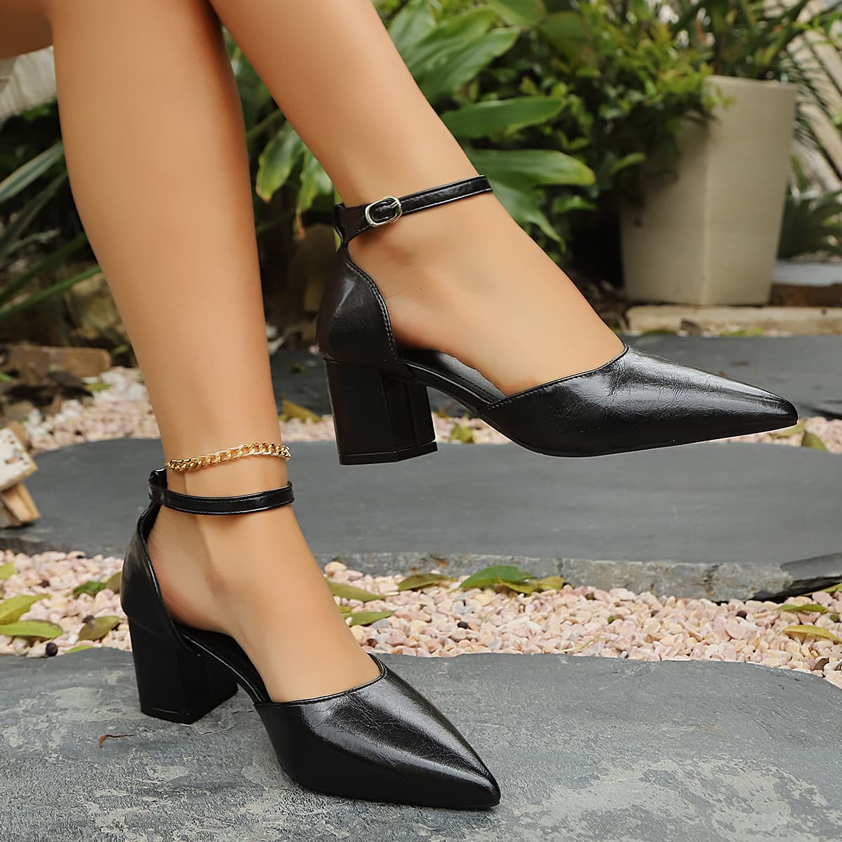 Baotou sandals for women 2026 spring Korean style pointed toe shallow mouth buckle strap high heels thick heel bag heel hollow single shoes