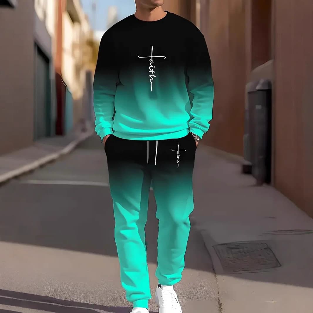 Cross-border New Arrival Autumn/Winter Men's Casual Letter Gradient Color Round Neck Sweatshirt Set Fashion Sportswear Set