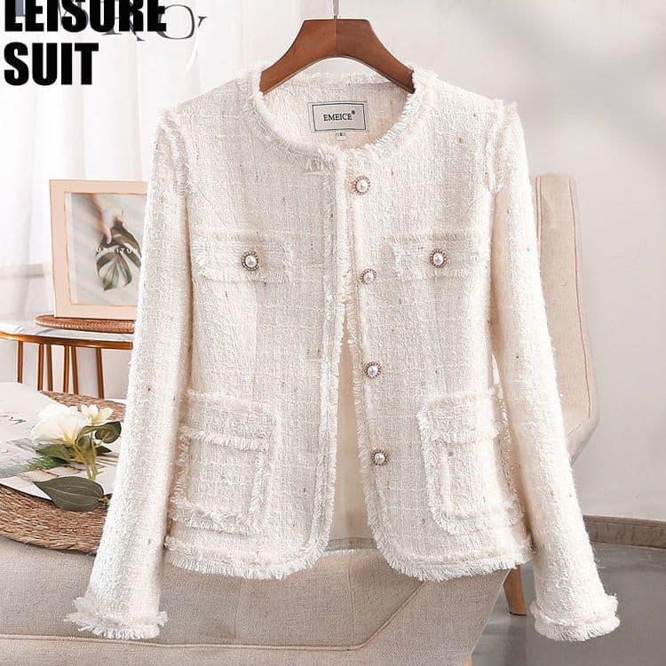 Early Spring White Little Chanel-style Short Blazer for Women, New Arrival Petite Suit Top for Spring/Autumn