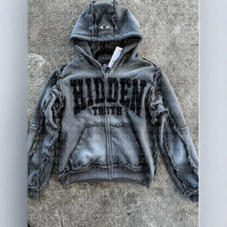 2026 Y2K Vintage Washed Silver Hoodie for Women, Frayed Raw Edge Zipper Cardigan with Flocked Lettering Top