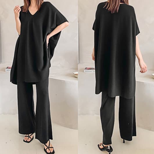 V-Neck Flared Sleeve Top + Skirt Two-Piece Set Color 1131#