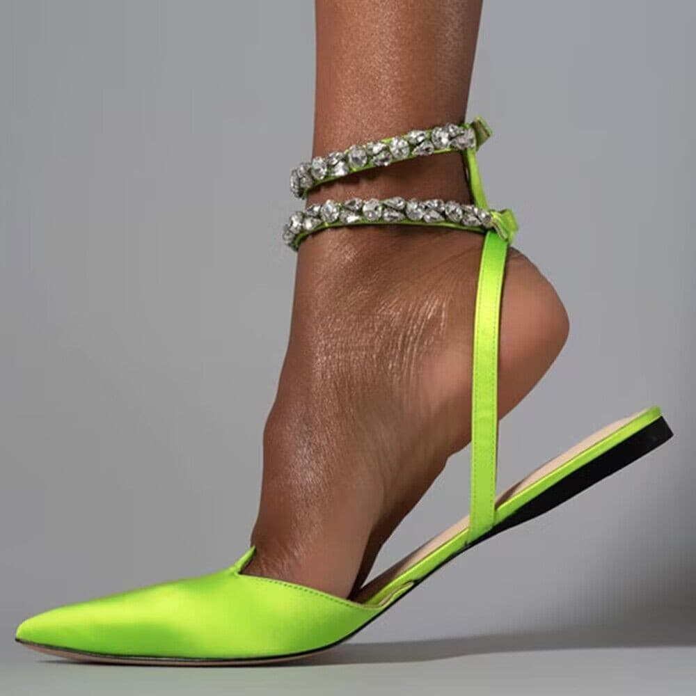 New Spring/Autumn Style Pointed Toe Rhinestone Sandals for Women, European and American Style, Flat, Size 42, Satin, Open Back Buckle