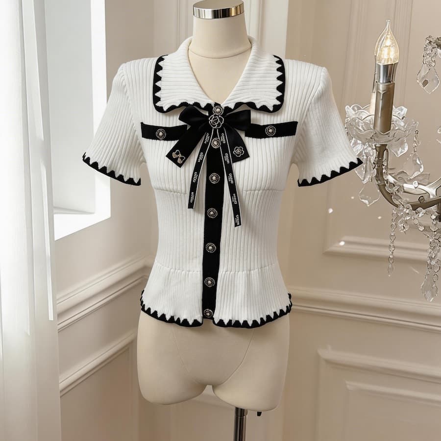Actual price protected. Polo collar bow knit top, summer style, sweet and youthful, flared hem, slimming fit.