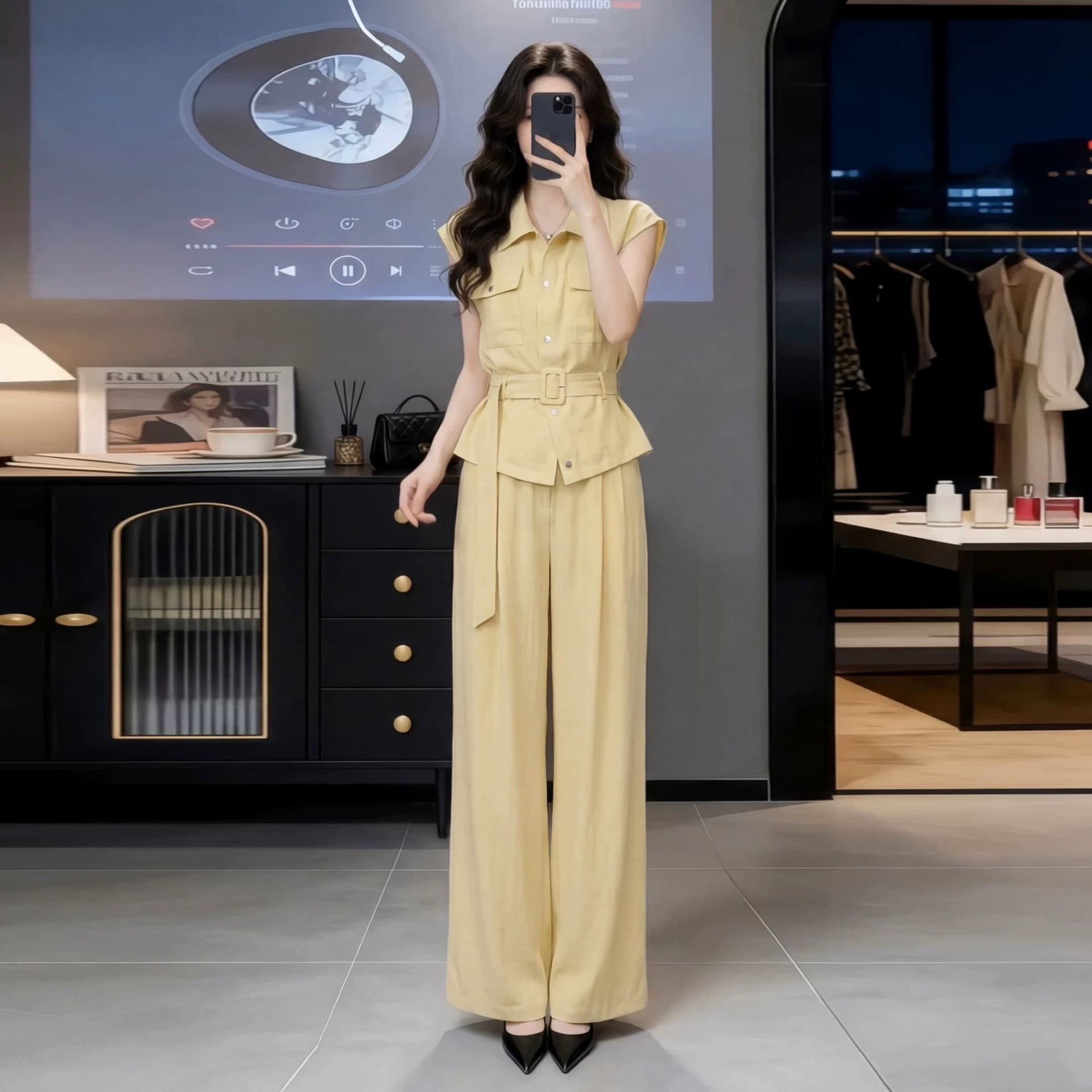 2026 Trendy Two-Piece Set: Youthful Casual Stylish Turn-Down Collar Short Sleeve with Wide-Leg Pants for Women Summer