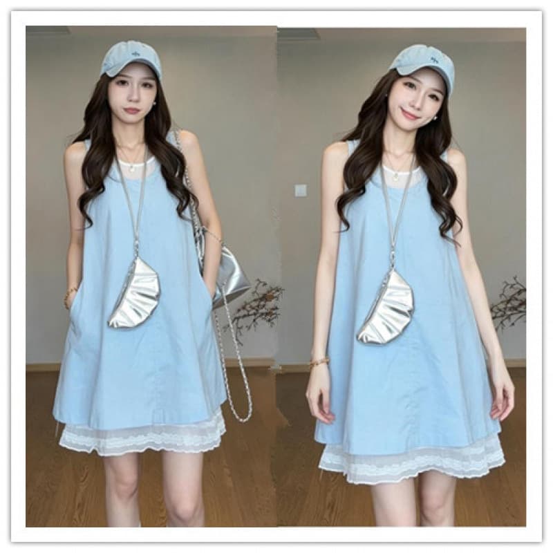 Original new product Korean style sweet age-reducing true two-piece sleeveless sky blue dress for pregnant women, loose age-reducing bottoming skirt