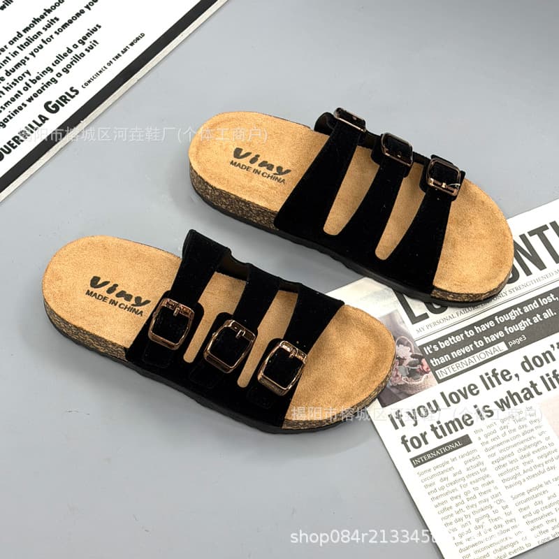 Clearance Sale: Foreign Trade Cross-Border Birkenstock-Style Slip-On Flat Sandals with Cork Sole and Triple Buckle, Unisex Slippers