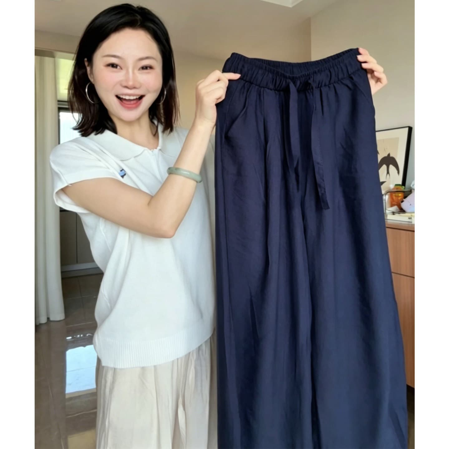 Navy Blue Tencel Linen Wide Leg Pants for Women Summer Thin Loose Relaxed Curved Pants Petite Casual Cotton Linen Pants