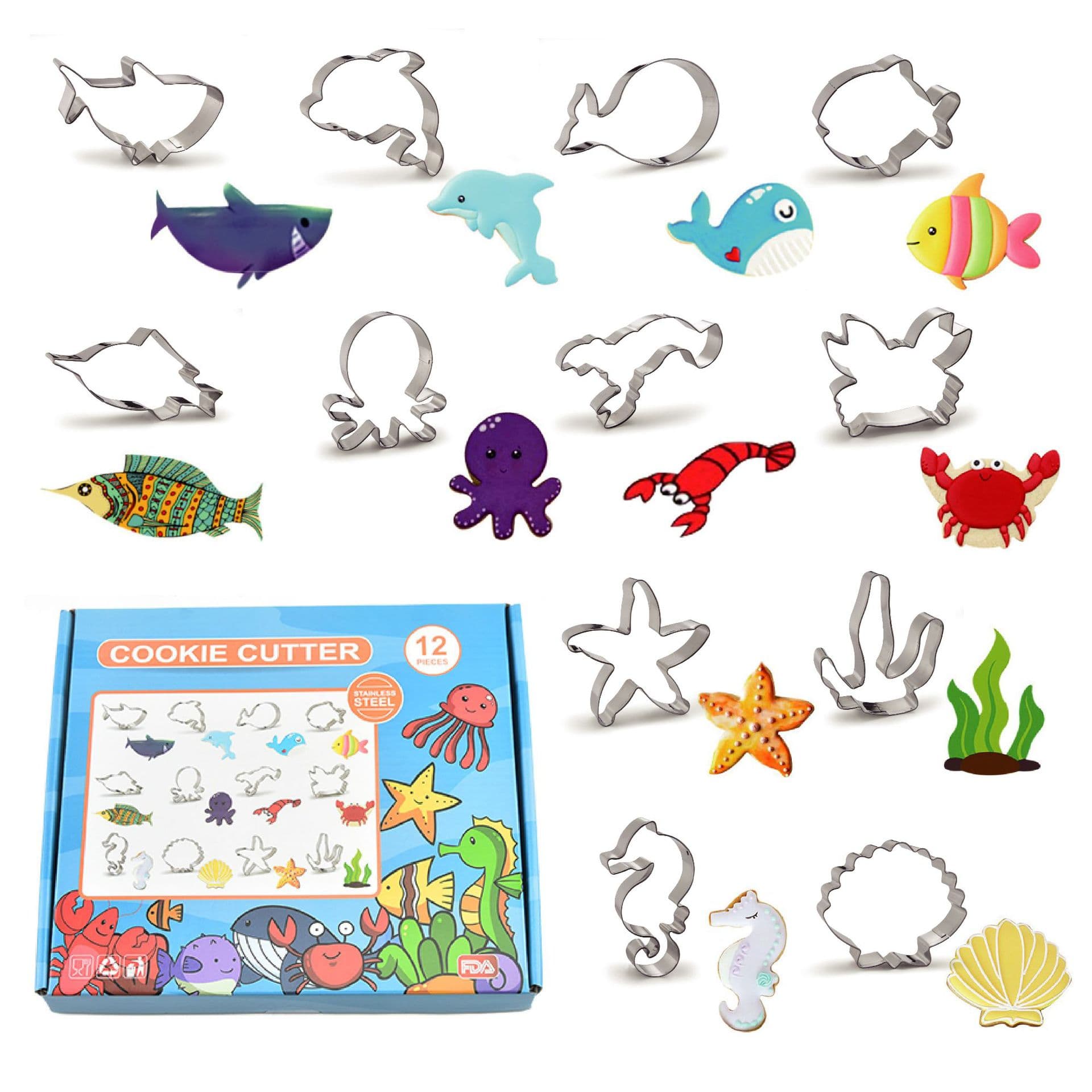 Stainless Steel Cookie Mold Set Marine Animal Series DIY Cookie Mold Baking Tools 12-Piece Set for Kitchen Use