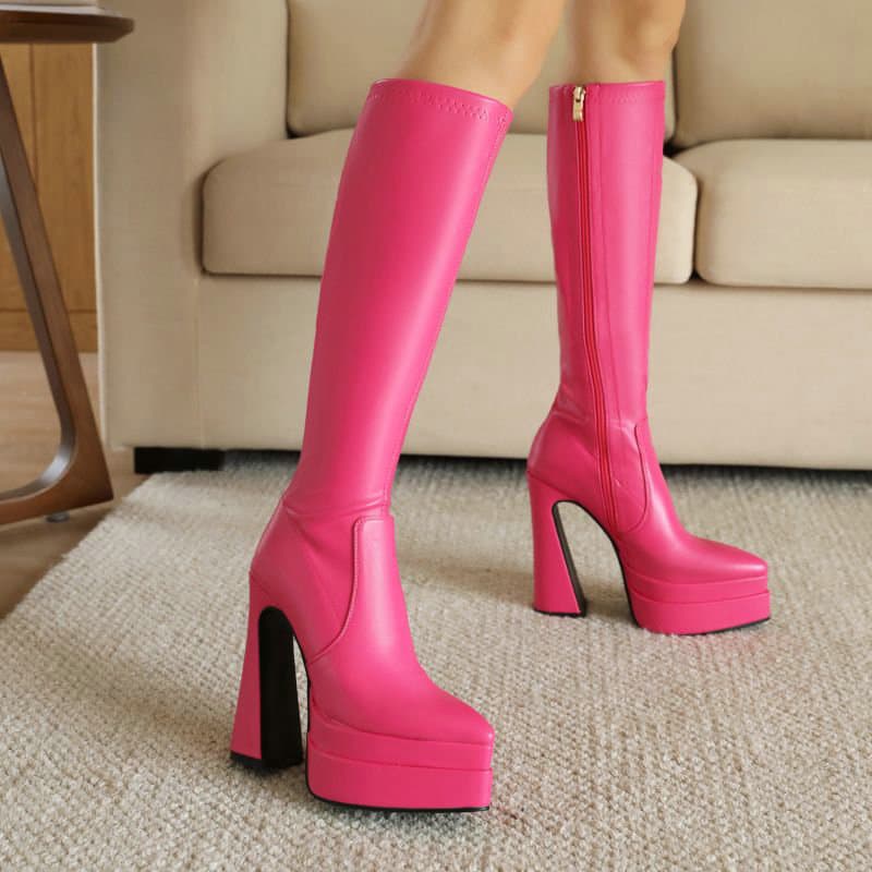 Women's High Boots Autumn Winter New Pointed Toe Chunky Heel Ultra High Heel Double Platform Knee-High Boots Side Zipper