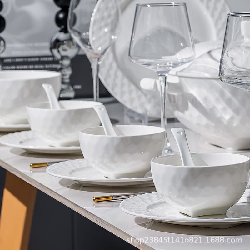 European carved rice bowl, household Jingdezhen bone china tall bowl, high-end noodle bowl, soup bowl, exquisite ceramic pure white tableware
