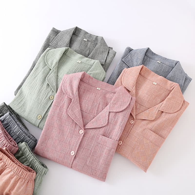 Couple Pajamas Japanese Muji Plaid Yarn-Dyed Pure Cotton Lapel Homewear Long Sleeve Long Pants Loose Men Women Loungewear