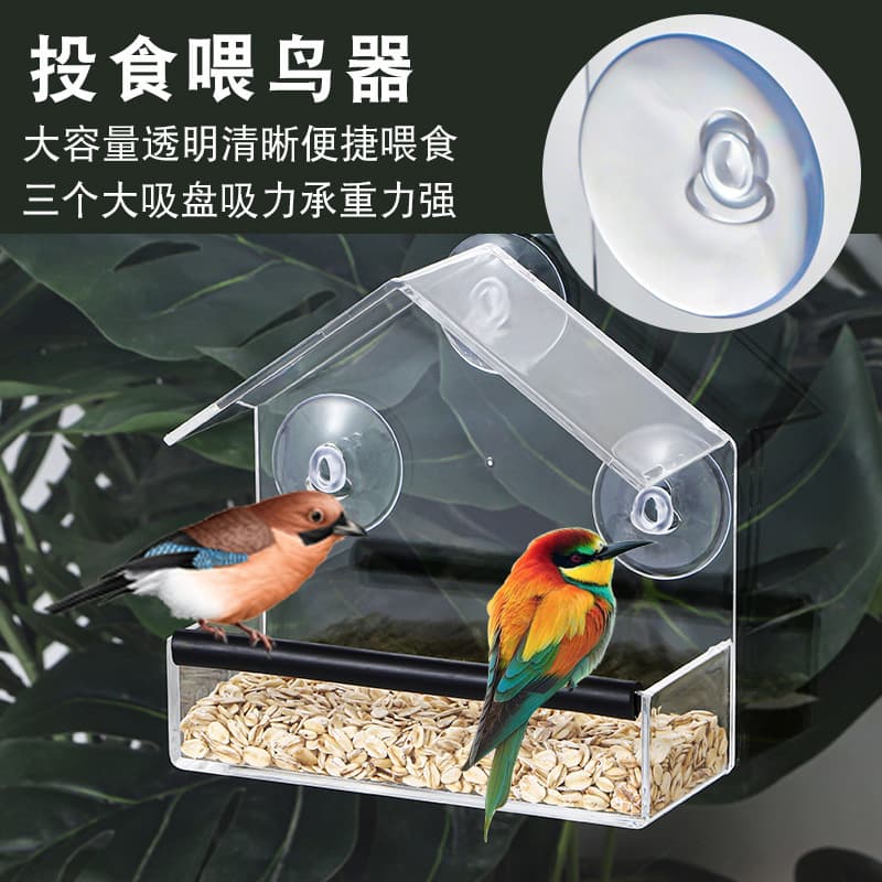 Cross-border Hot Selling Acrylic Suction Cup Bird Feeder No Drilling Needed Transparent Wall-mounted Bird Cage Feeder