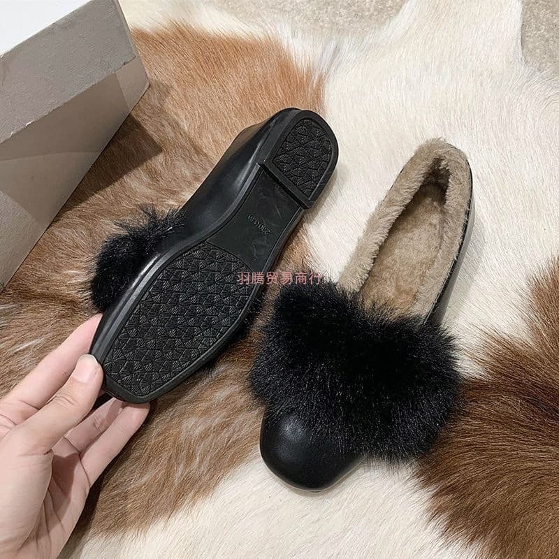 2025 New Winter Fur Slippers for Women, Outdoor Wear Flat Anti-Slip Slip-On Fleece-Lined French Bean Shoes, Soft Style Moccasins