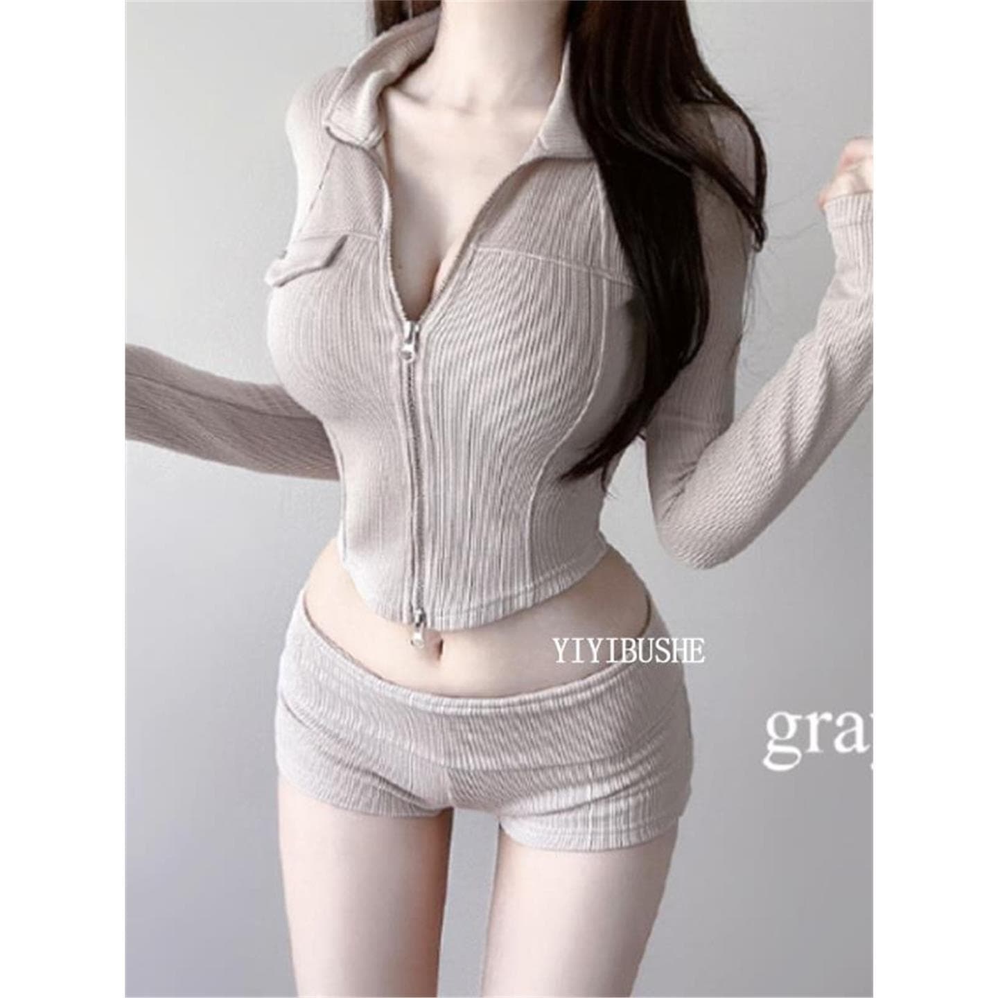 51STUDIO Custom PO082 Trendy Fitted Long-Sleeve Sweatshirt Jacket with Cinched Waist and Matching Shorts Set