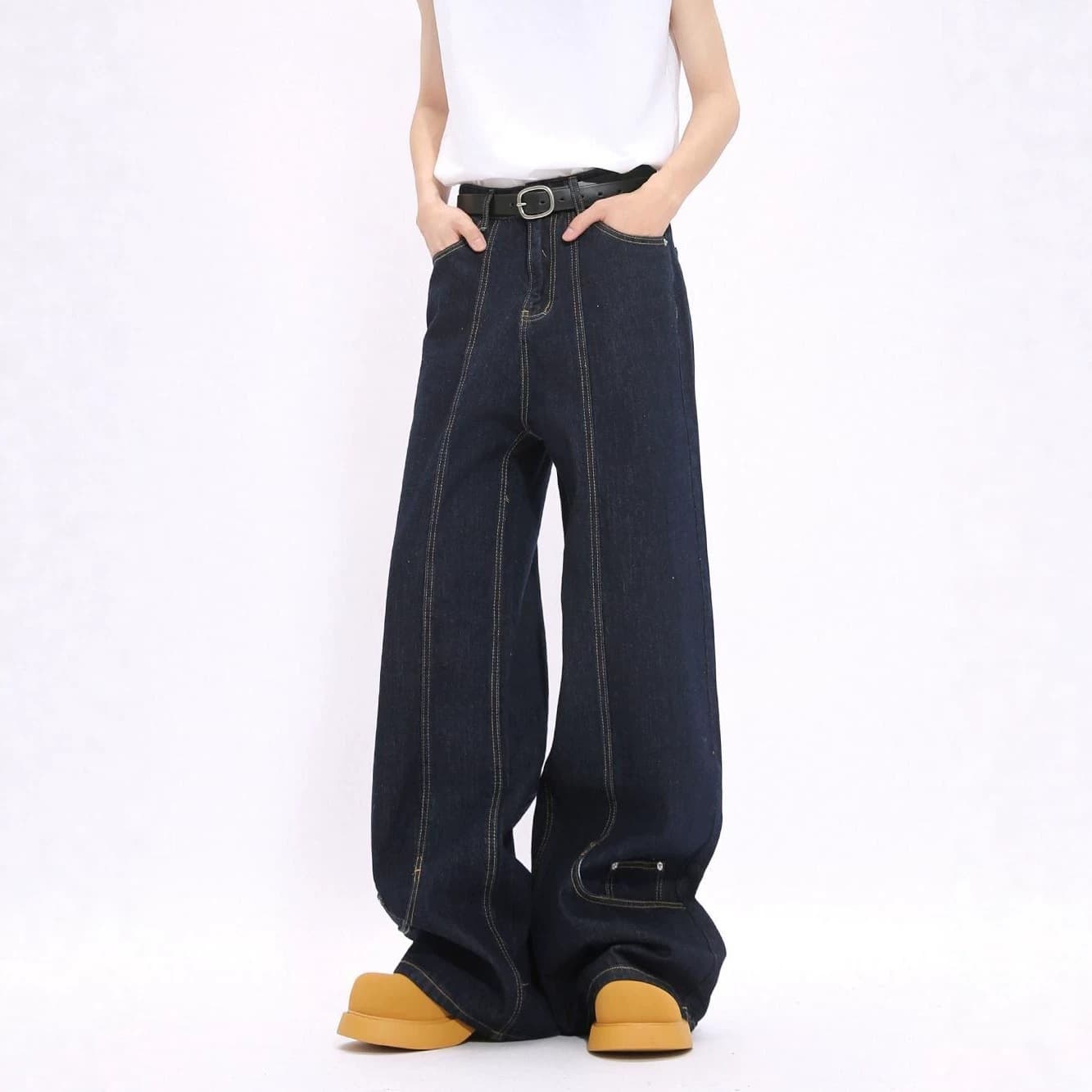 Cross-border Exclusive Autumn Personalized Design Reverse-Wear Dark Blue Jeans Korean Style Mid-Rise Men's and Women's Long Floor-Length Pants