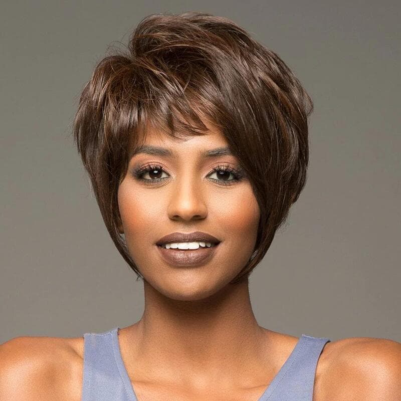 Short Curly Wig, Amazon AliExpress Short Straight Wig, Fluffy Short Bangs Dark Brown Women's Wig, Single Piece