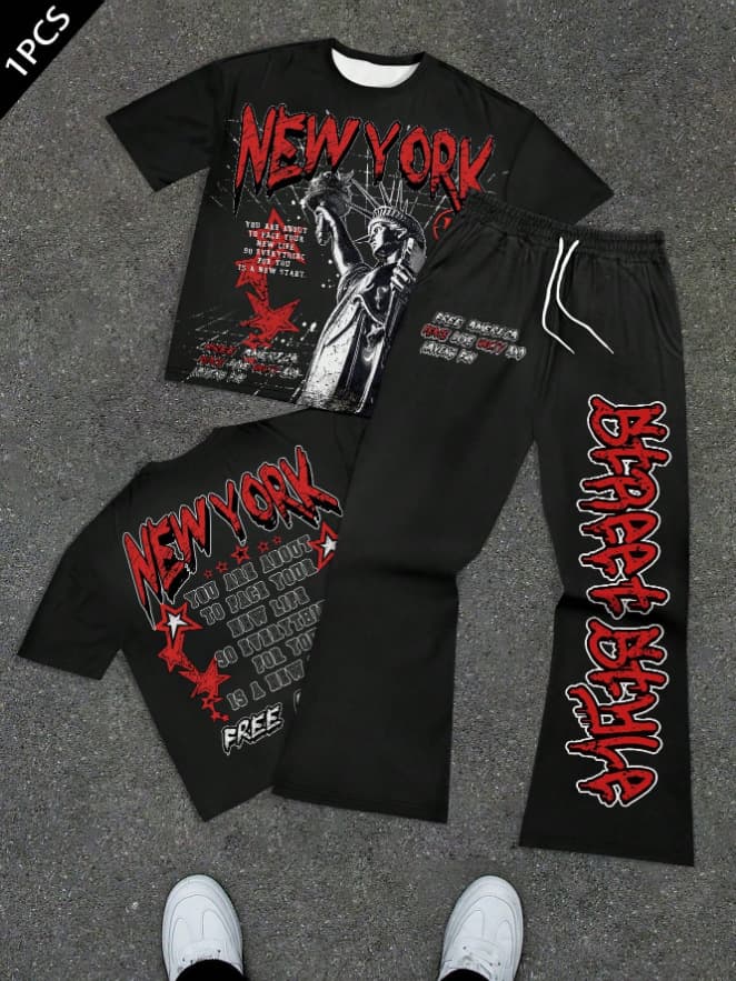 American Retro 3D Print Casual Sportswear Set for Men - Trendy Loose Short Sleeve and Long Pants Two-Piece Set - Cross-Border Supply