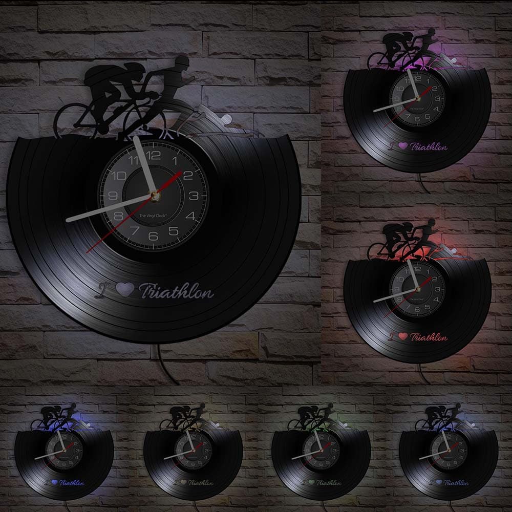 Sports Swimming Running Bicycle Vinyl Record Clock Gift Retro Home Decor Ironman Vinyl Wall Clock