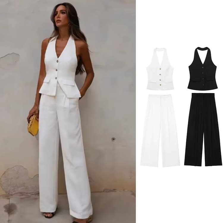 Cross-border Wholesale Workwear European and American Spring Summer New Women's Vest + Long Pants Set