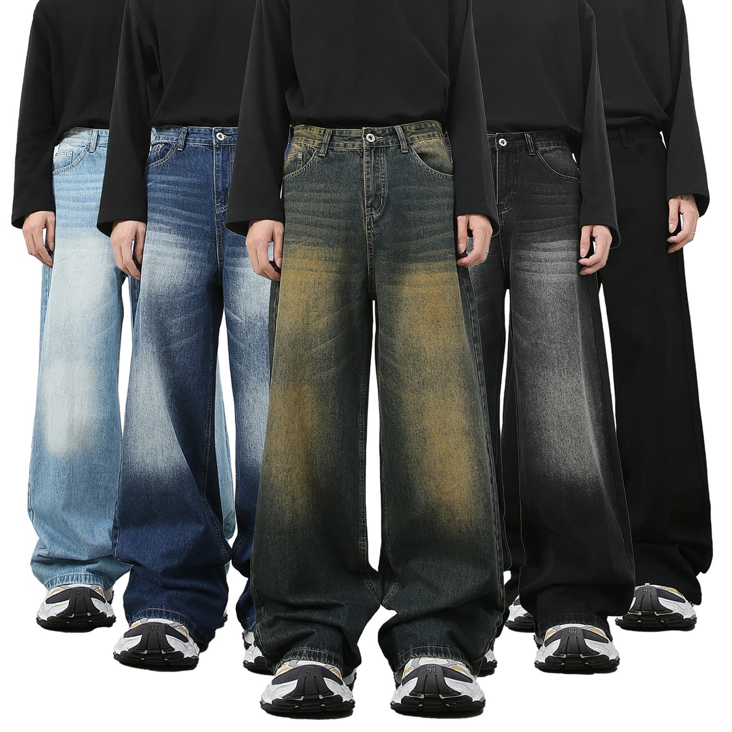 nirben Denim | New American Retro Jeans for Men, Washed Relaxed Fit Straight-Leg Wide Casual Long Pants