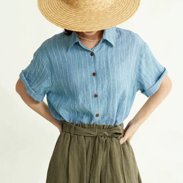 ESTHER Fashion Striped Loose Short-Sleeve Shirt for Women, French Unique and Distinctive Top