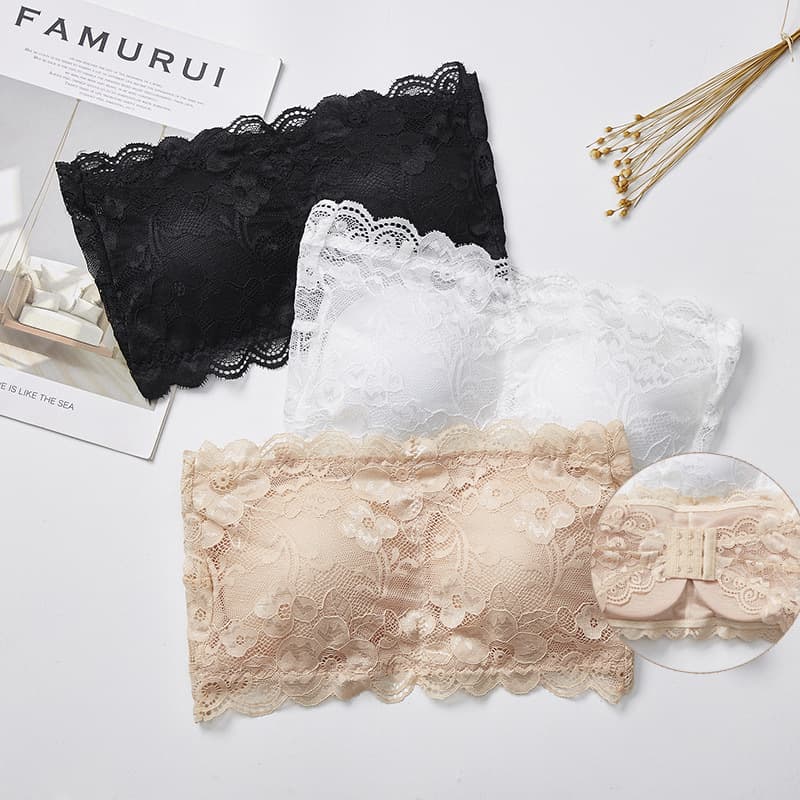 Sexy Lace Bralette No Strap Gathered Chest Pad Women's Underwear Nylon Fabric Full Cup Backless Design Youth Size 18-40