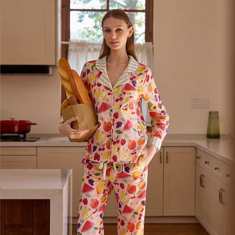 [Fruit Story] 100% Cotton Print Pajamas for Women, Spring/Autumn Long Sleeve Turn-Down Collar, Full Cotton Loungewear Set, Suitable for Outing