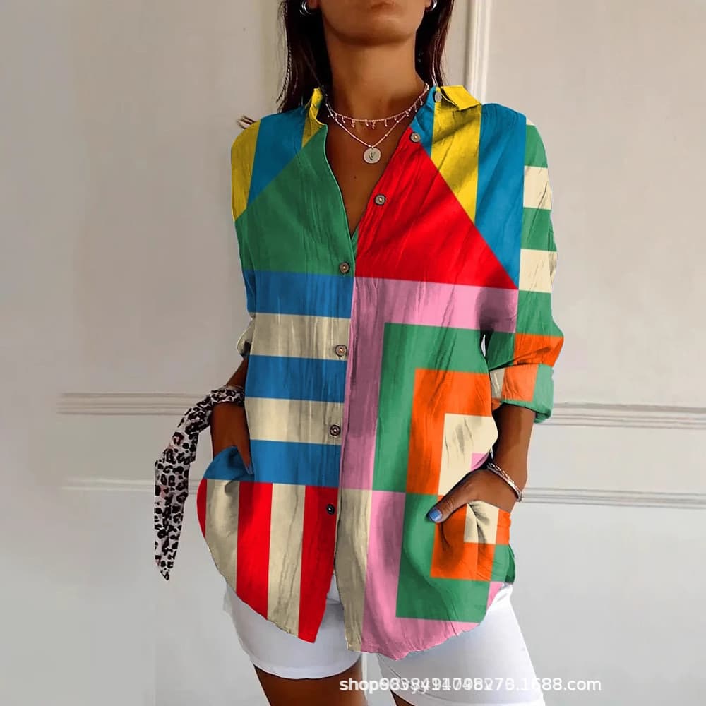 2025 New Amazon Striped Long-Sleeve Shirt Women Rainbow Cardigan Contrast Color Coat Lapel European American Cross-Border Export
