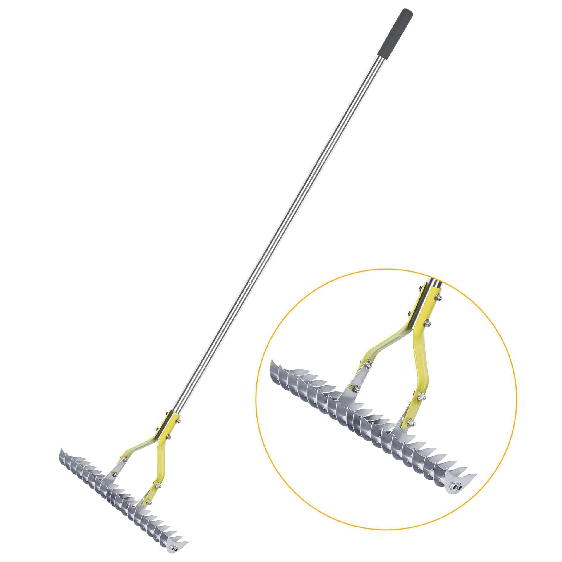 Thatch Rake 15-Inch Wide Lawn Thatch Rake Stainless Steel Handle for Clearing Dead Grass
