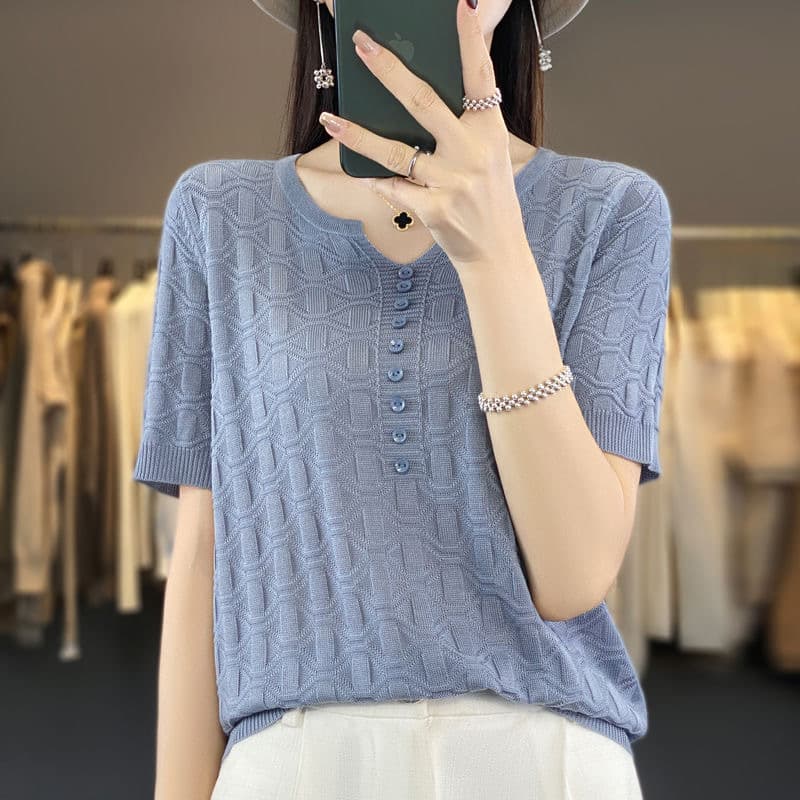 Women's 2025 New Summer V-Neck Knit Short-Sleeve T-Shirt, Slimming, Elegant, Fashionable, Versatile Solid Color Top
