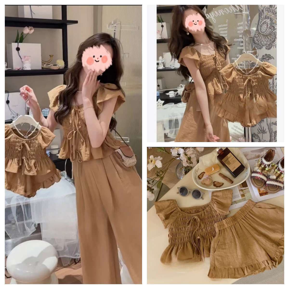 2024 Summer New Korean Style Mother-Daughter Matching Set, Coffee Color, Small Flutter Sleeves, Slimming and Brightening, Tie-Detail Outfit