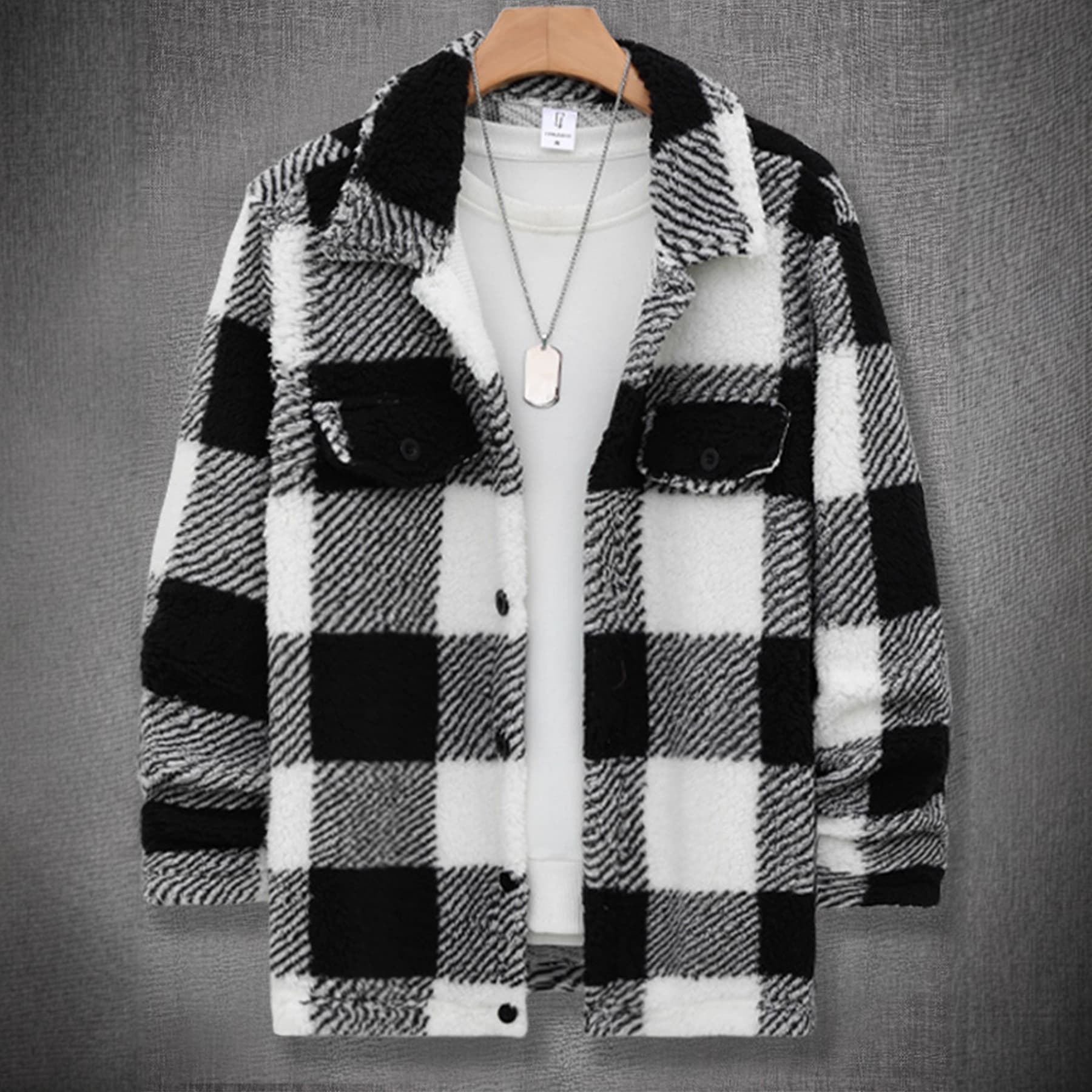 Cross-border Men's Jacket Autumn Winter Fleece Two-tone Plaid Double Pocket Cardigan Coat Drop Shipping