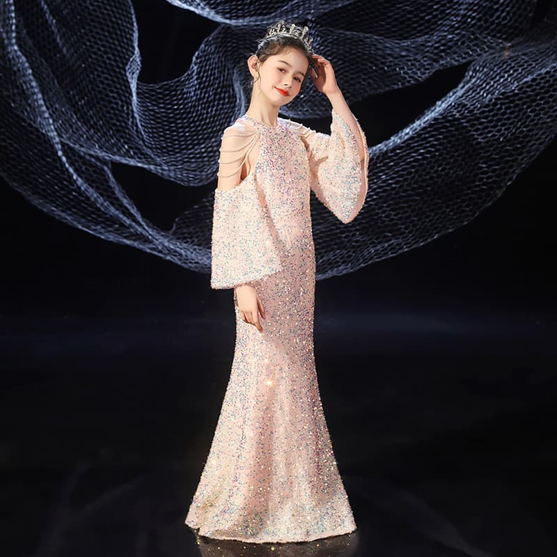European and American Stage Runway Princess Dress Model Children's Evening Gown Girls Host Mermaid Sequin Performance Costume