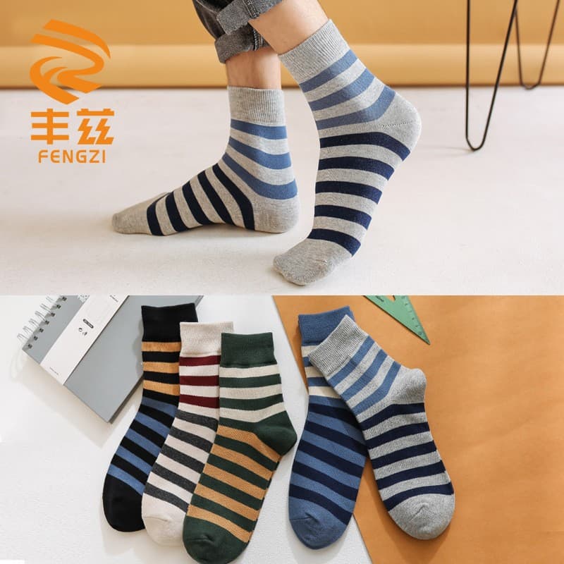 Fengzi Men's Cotton Socks, Thick Mid-Calf Socks for Autumn and Winter, Korean Style Combed Cotton Striped Socks, Pure Cotton Socks