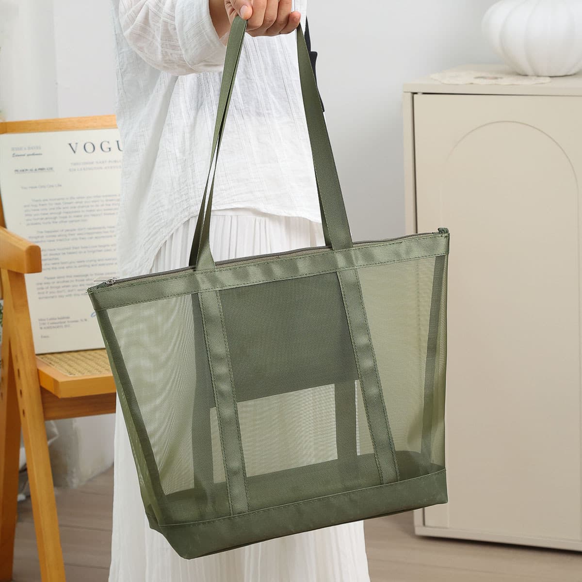Nylon mesh tote bag, widened hand-woven strap, large capacity storage bag, commuter travel toiletry bag, factory in stock