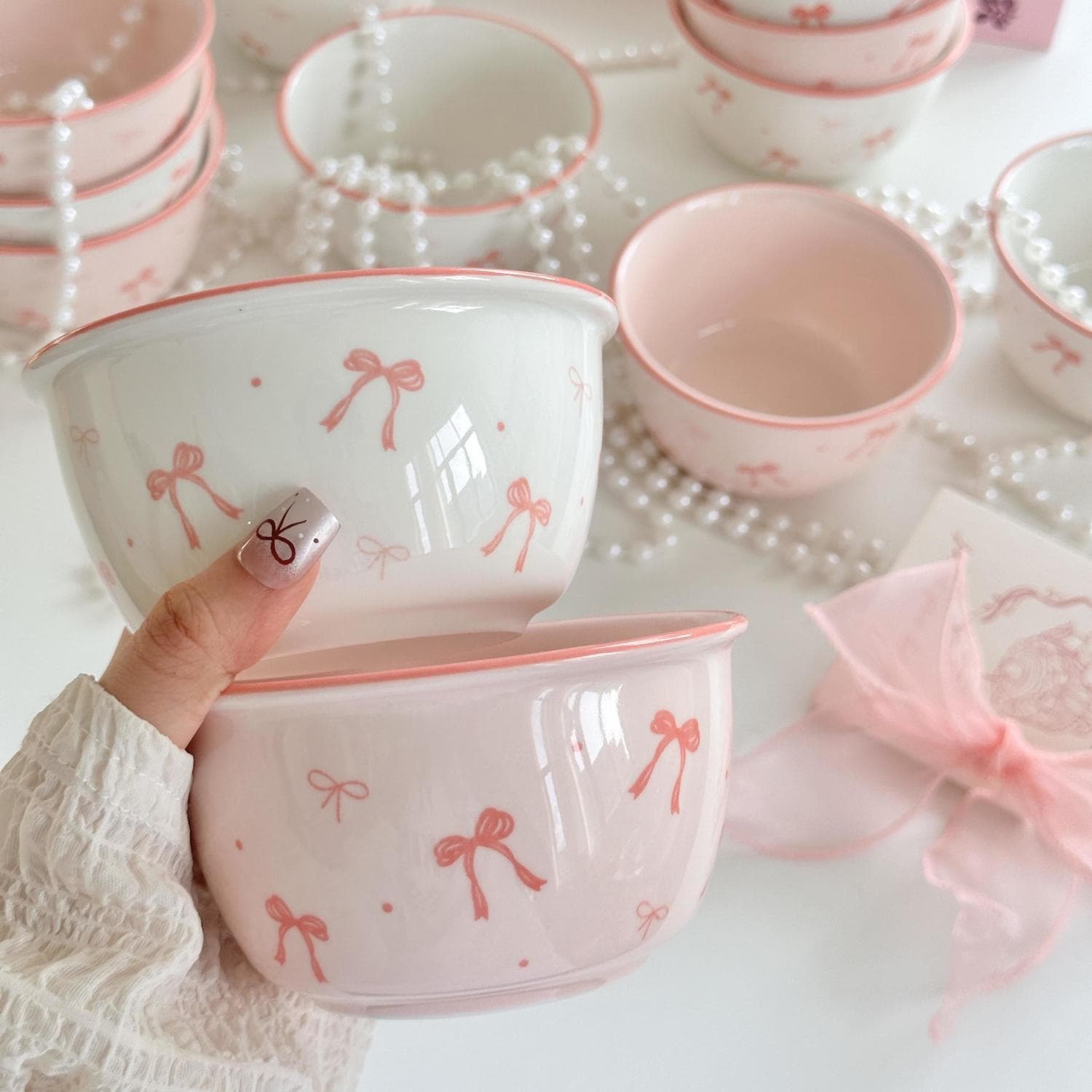 Cream Bow Girl Ceramic Under-glaze Cute High Appearance Tableware Rice Bowl Dessert Bowl Spoon Set for Home