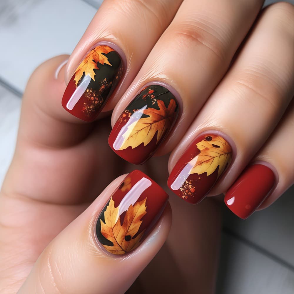Autumn Maple Leaf Square Wearable Nail Burgundy Glossy Acrylic False Nails Press On Nails TC56