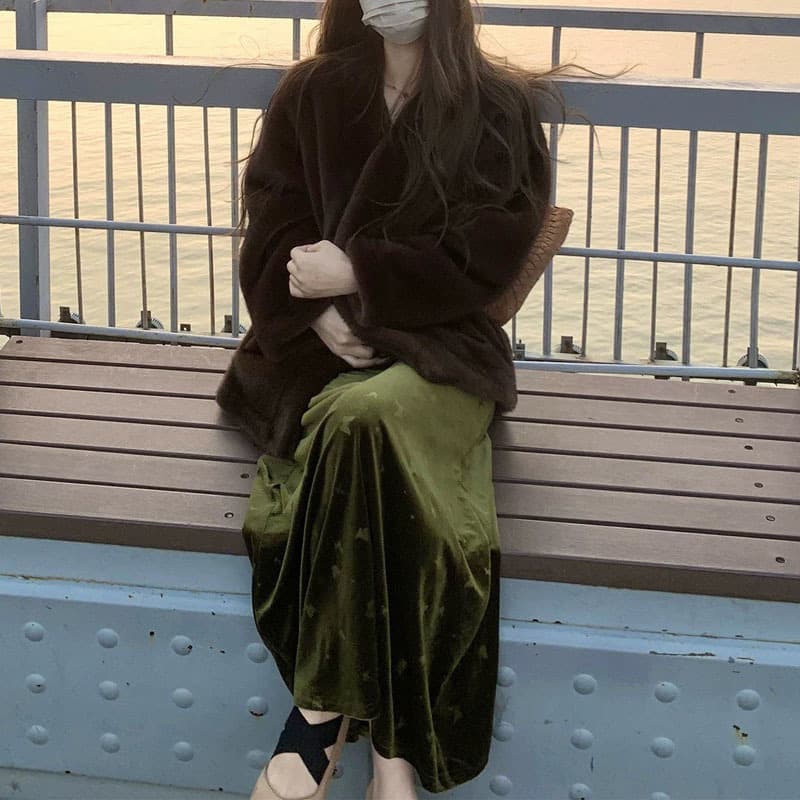 New Chinese Style National Style "Berry Mist Floor-Length" Two-Tone Velvet Butterfly Print Long Sleeve Mermaid Long Dress Women