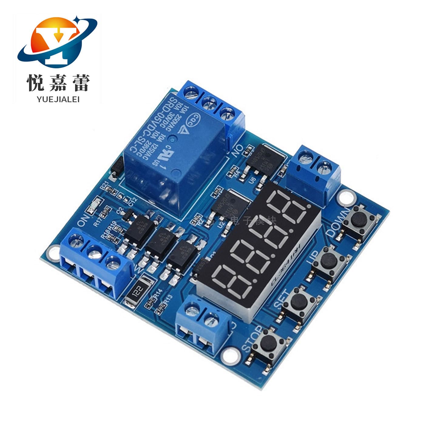 One relay module: delayed power-off trigger, voltage upper and lower limit detection, and cyclic timing and counting control.