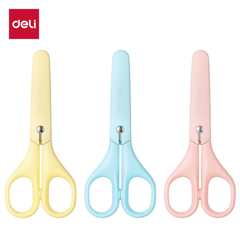 Deli 6011 Student Scissors, Child-Safe Craft Scissors, Round-Tip with Protective Cover, Colorful Scissors
