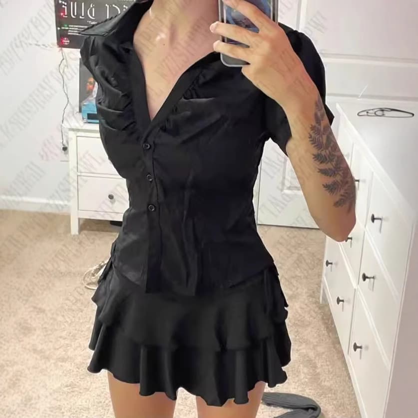 2025 Summer New Fashion Waist-Tightening Slim Fit Commuter Elegant Single-Breasted Lapel T-Shirt Top