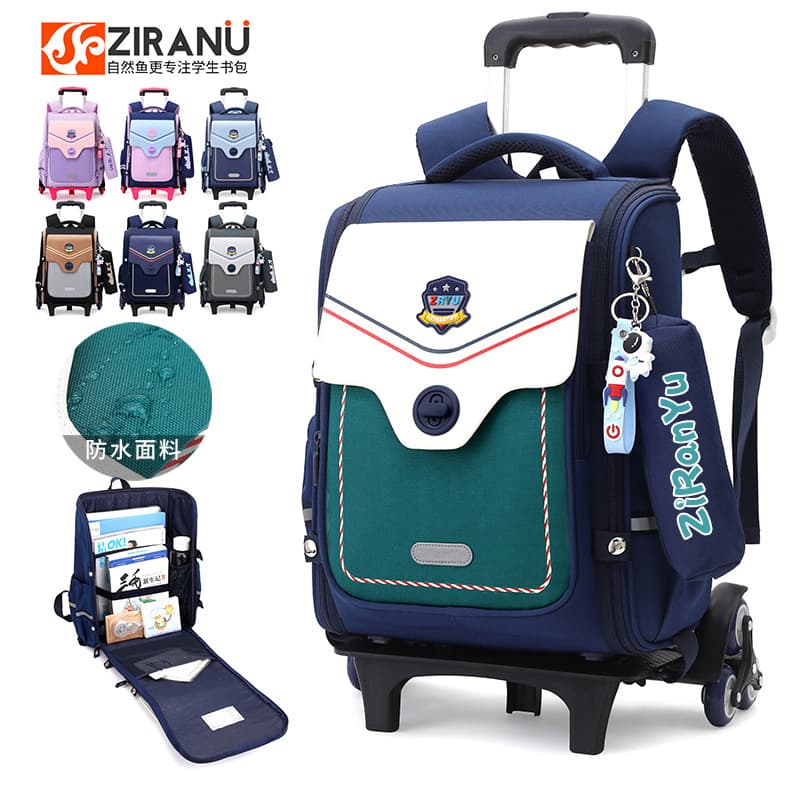 Natural Fish New Pull-String Backpack for Boys and Girls, Primary School Students Grades 3-6, Detachable Stair-Climbing Trolley Bag