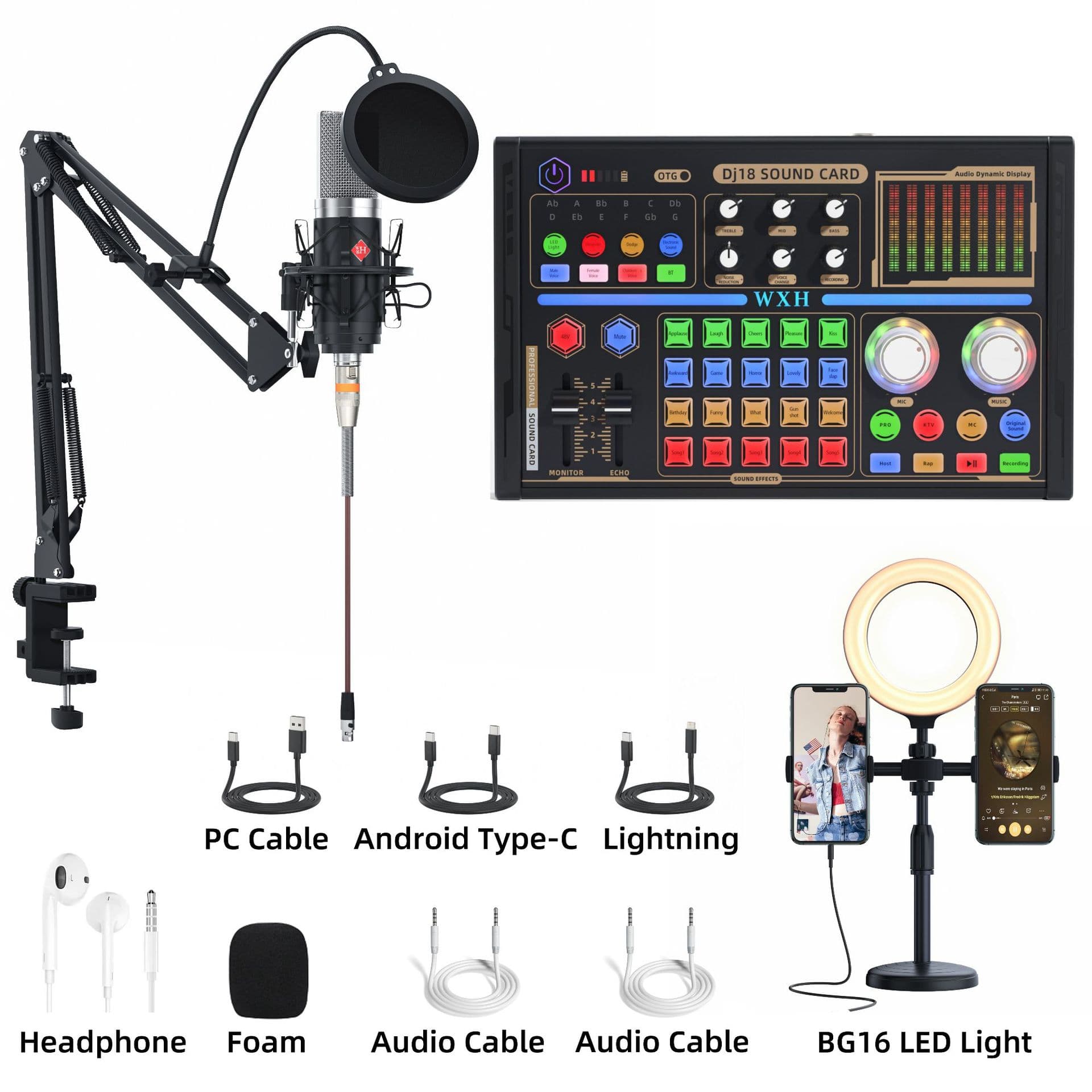 Cross-border foreign trade factory DJ18 English live broadcast sound card full set, dedicated for mobile Tiktok live broadcast and singing karaoke