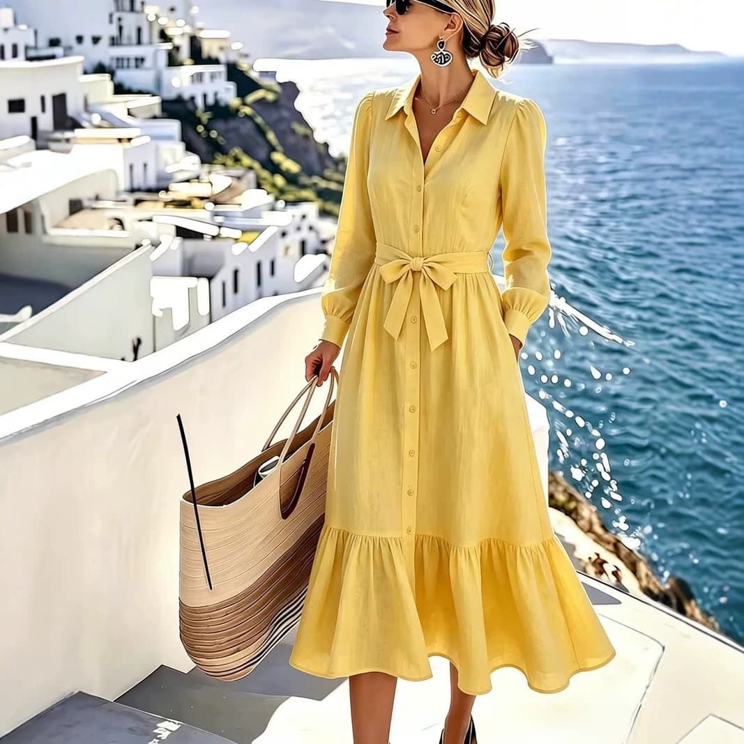 2026 European and American Turn-down Collar Textured Shirt Dress Single-breasted Tie Waist Puff Sleeve Ruffle Hem Vacation Maxi Dress