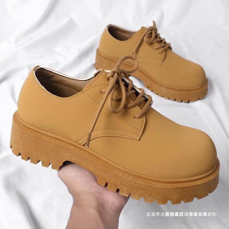 Derby Shoes Men Spring Low Top British Style Yellow Boots Round Toe Chunky Shoes Black Work Shoes Thick Sole Casual Leather Shoes