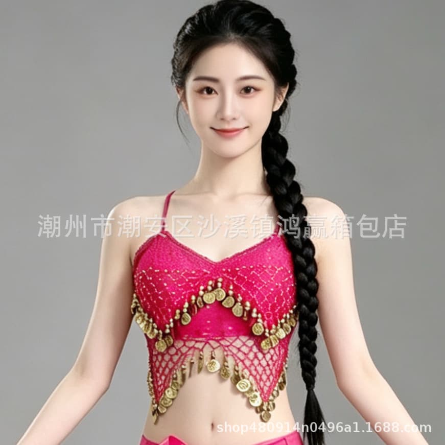 Cross-border Hot Sequin Fringe Dance Costume Belly Dance Performance Outfit Mesh Nine-Tail Waist Scarf Set Rose Red