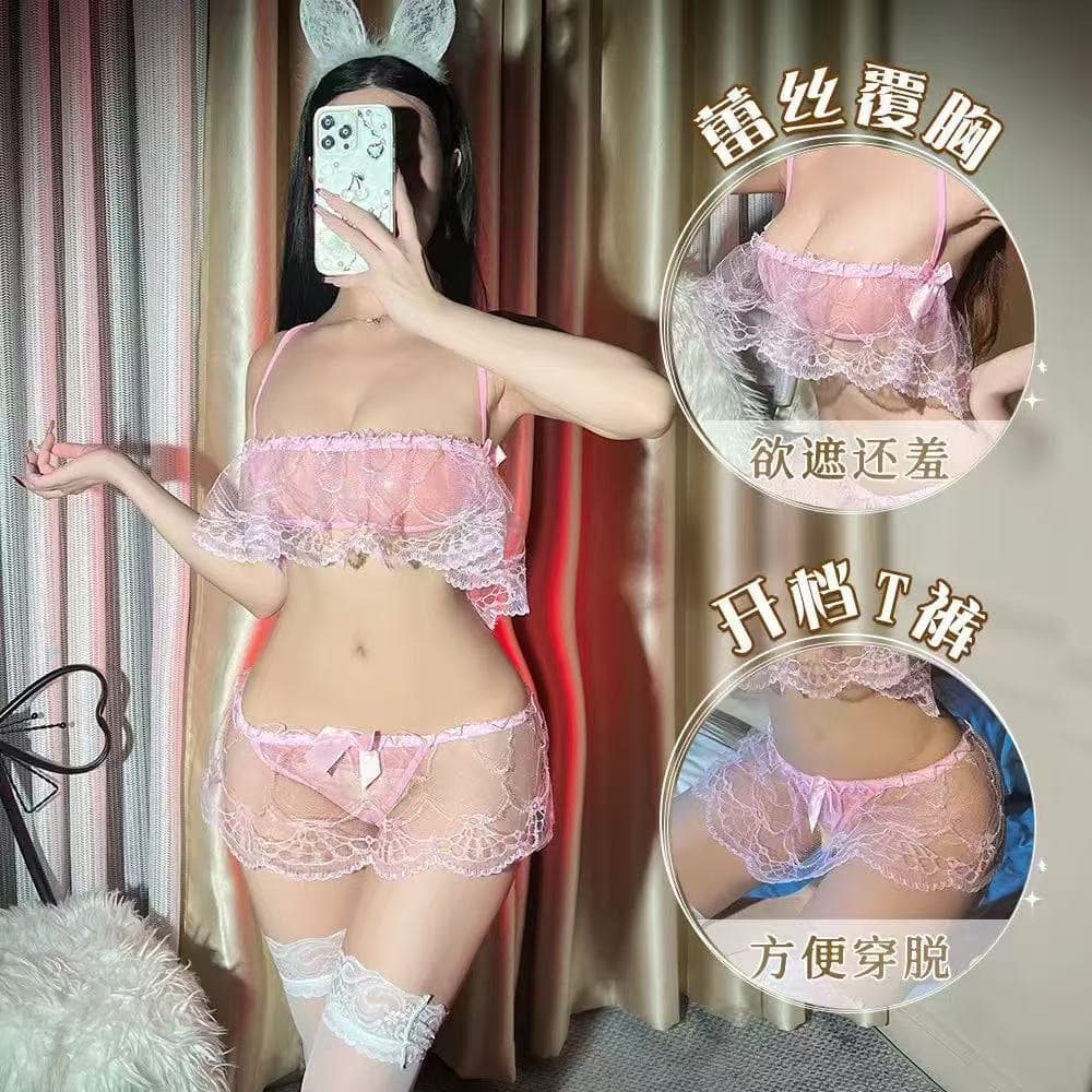 New Manufacturer Lingerie Lace See-Through Mesh Bra Set Semi-Sheer Crop Top Passionate 3-Point Two-Piece Set Drop Shipping