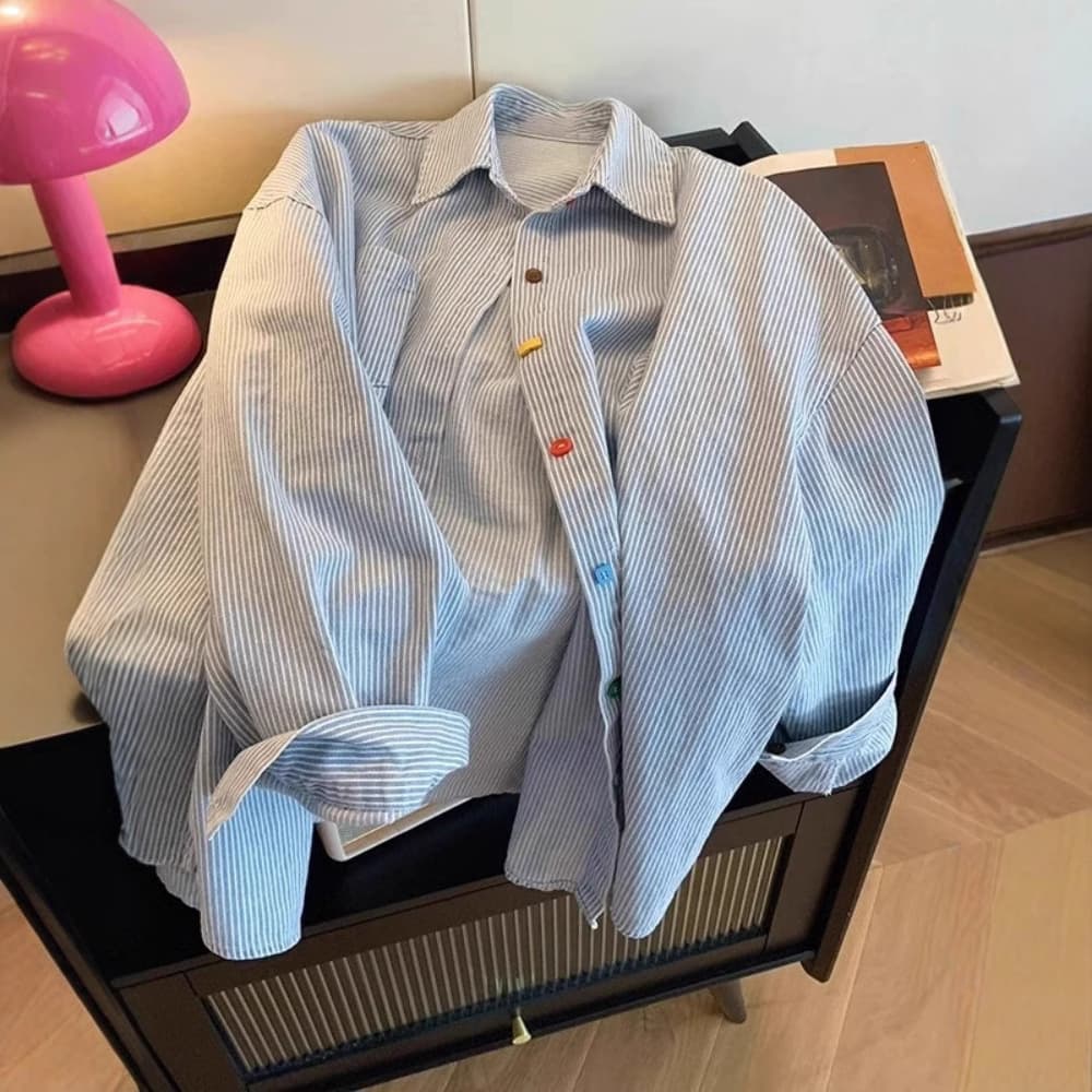 Blue Striped Long-Sleeve Shirt for Women Spring Summer Loose Color Button Design Contrast Color Jacket Sun Protection Shirt Trendy